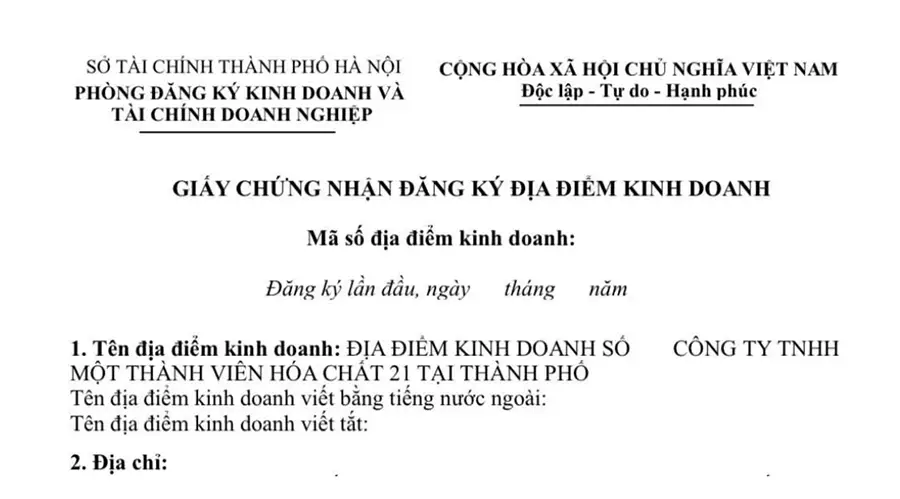 Mẫu giấy chứng nhận đăng ký địa điểm kinh doanh pháo hoa